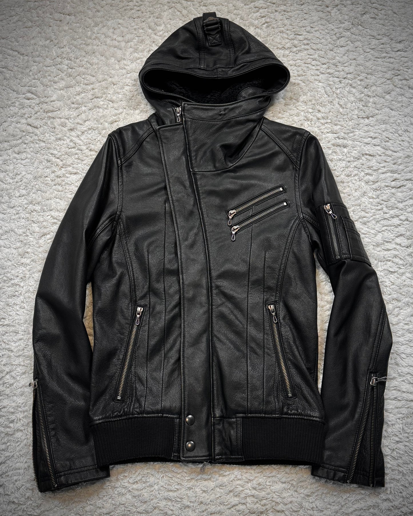 Fuga Asymmetrical Ninja Hooded Leather Jacket