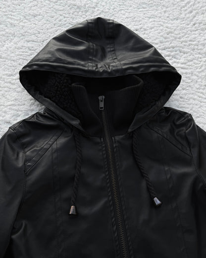 Glad News Hooded High Neck Leather Jacket