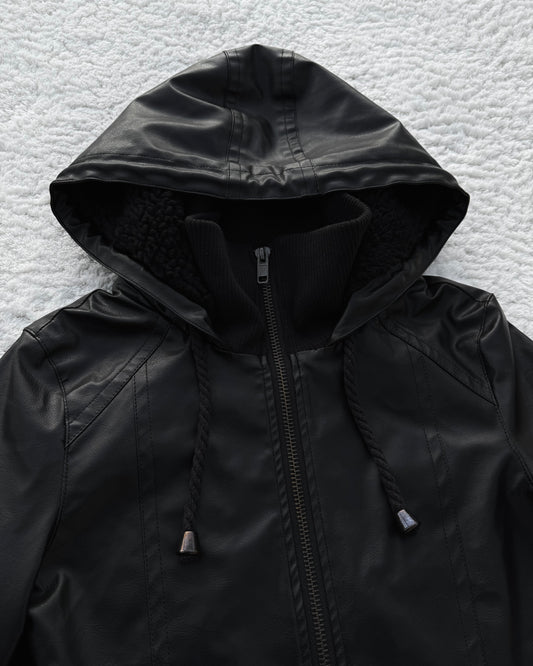 Glad News Hooded High Neck Leather Jacket