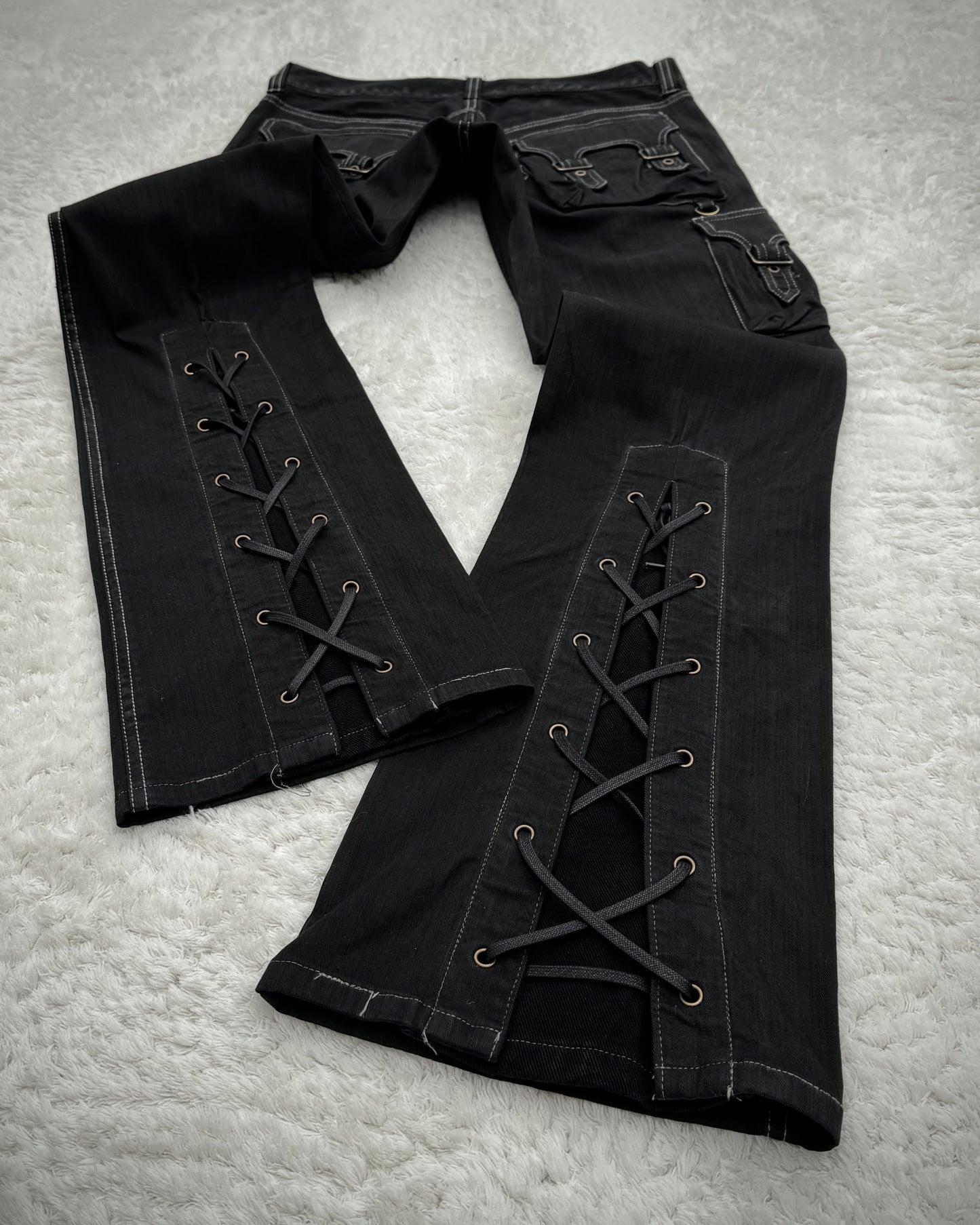 Tornado Mart Pin Striped Backlace Belted Flared Cargo Pants