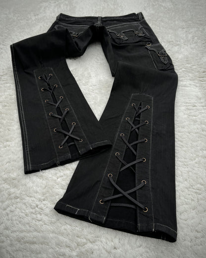 Tornado Mart Pin Striped Backlace Belted Flared Cargo Pants
