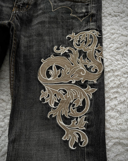 Tornado Mart Tribal Embroidery Spiral Flared Jeans