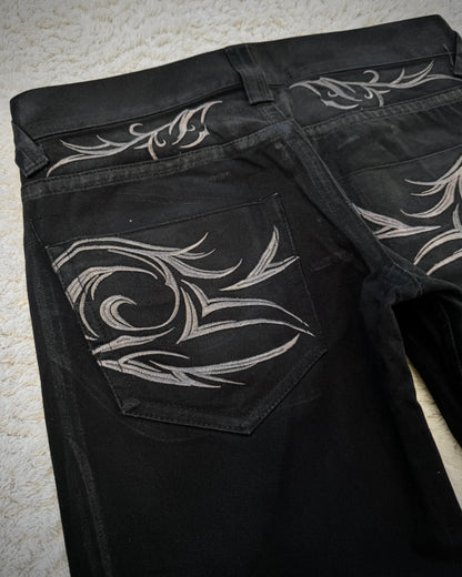 Tornado Mart Xray Waxed Tribal Embroidery Flared Jeans