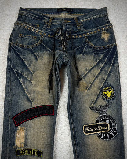 Midas Double Waisted Lace Up Mud Washed Patched Flared Jeans