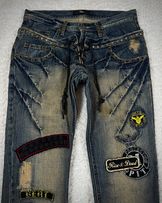 Midas Double Waisted Lace Up Mud Washed Patched Flared Jeans