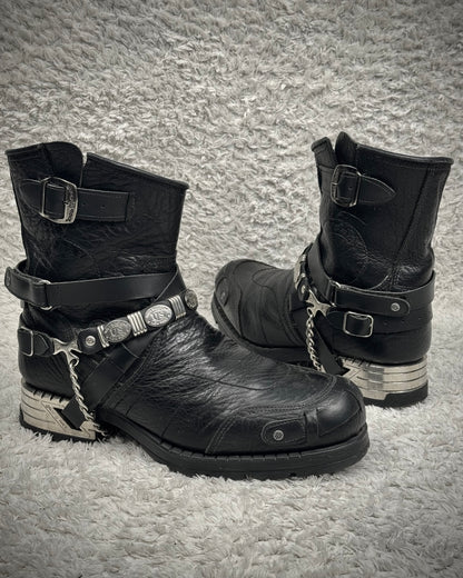 New Rock Chained Belted Steel Heel Leather Boots