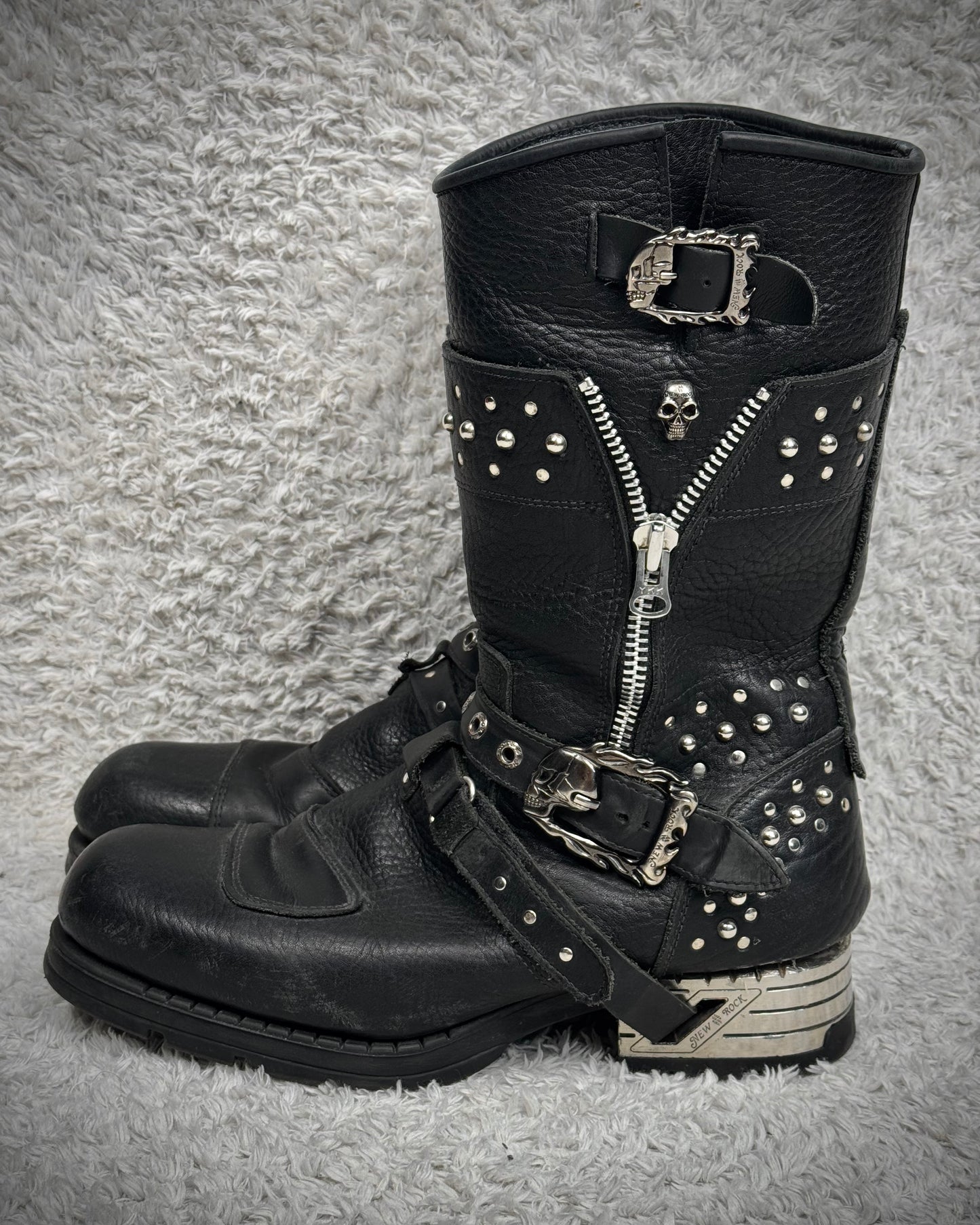 New Rock Steel Heel Studded Belted Leather Boots