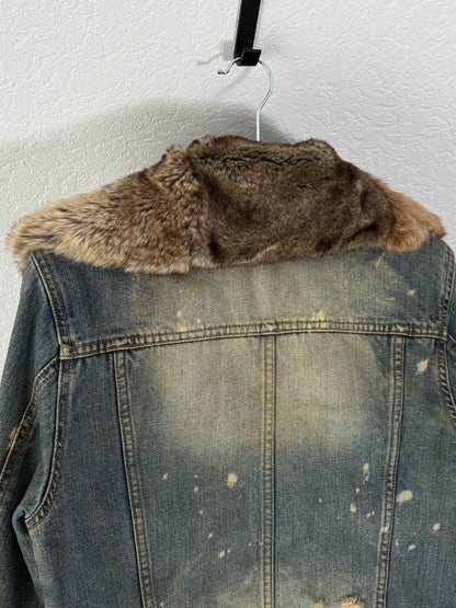Fuga Mud Washed Chunky Fur Collar Denim Jacket