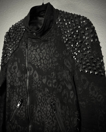 By The R Leopard Waxed Studded Lace Up Biker Jacket