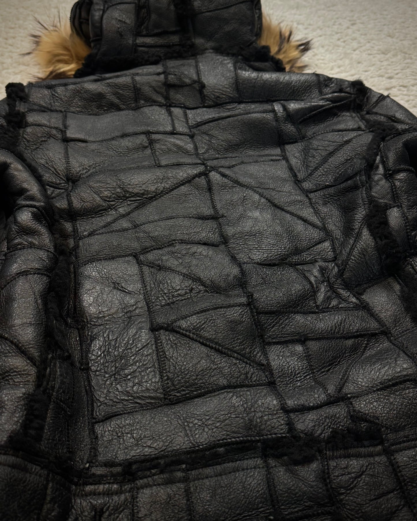 Royal Flash Fur Hood Leather Patchwork Jacket