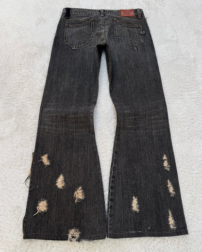 Obelisk Fringe Distressed Flared Jeans