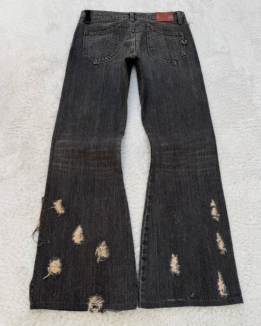 Obelisk Fringe Distressed Flared Jeans
