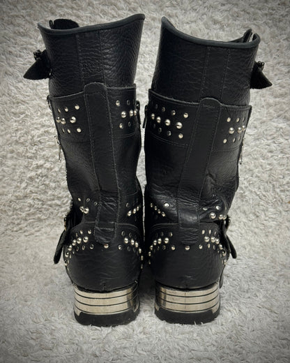 New Rock Steel Heel Studded Belted Leather Boots