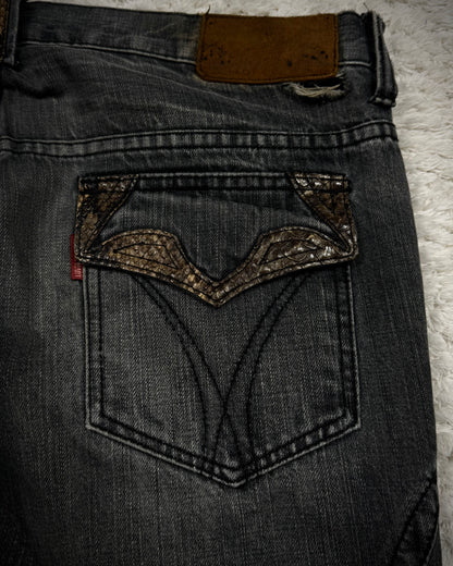 Tornado Mart Python Detailed Mud Washed Lace Up Flared Jeans