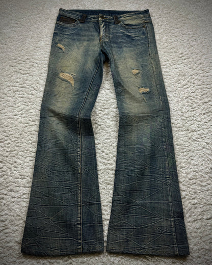 Agate Label Muddy Honeycomb Washed Leather Detailed Flared Jeans