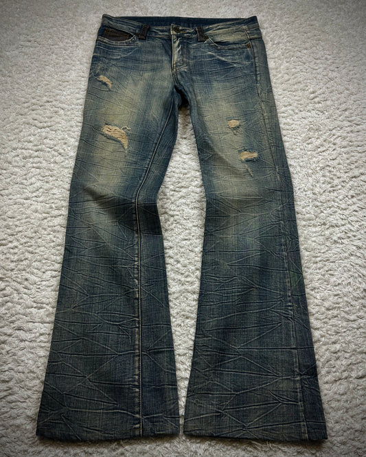 Agate Label Muddy Honeycomb Washed Leather Detailed Flared Jeans