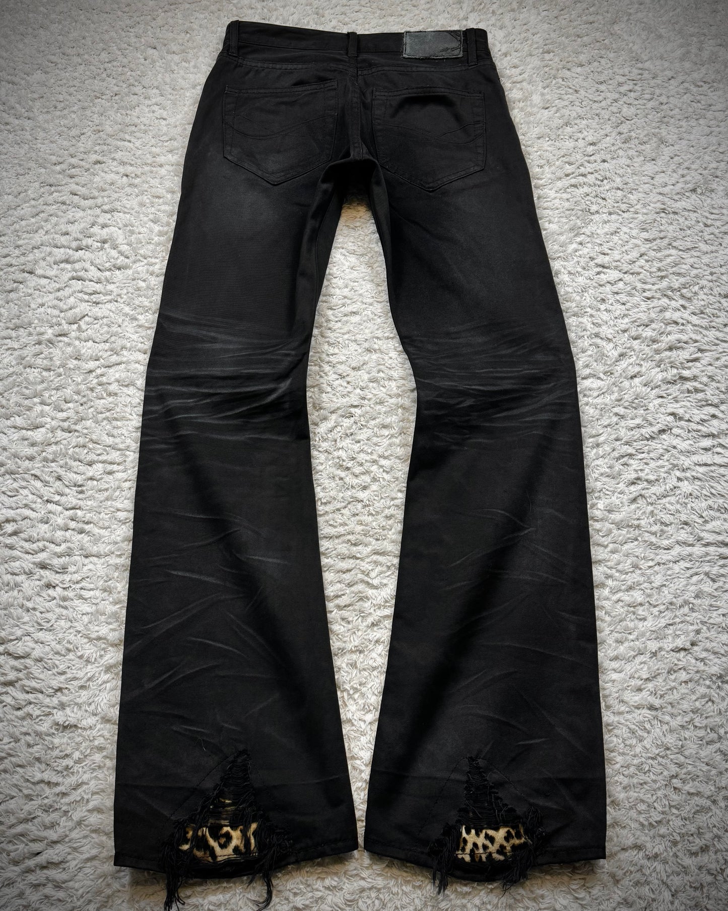 CavariA Leopard Repaired Whisker Washed Bootcut Denim