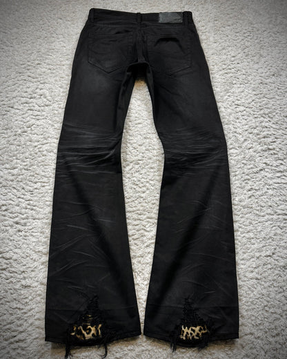 CavariA Leopard Repaired Whisker Washed Bootcut Denim