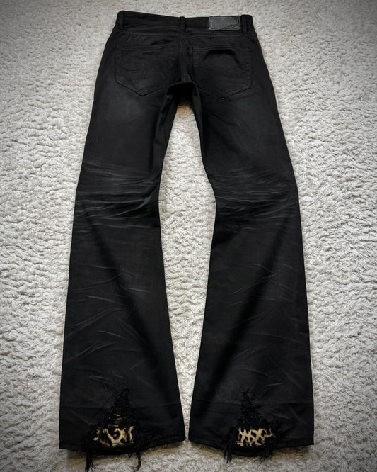 CavariA Leopard Repaired Whisker Washed Bootcut Denim