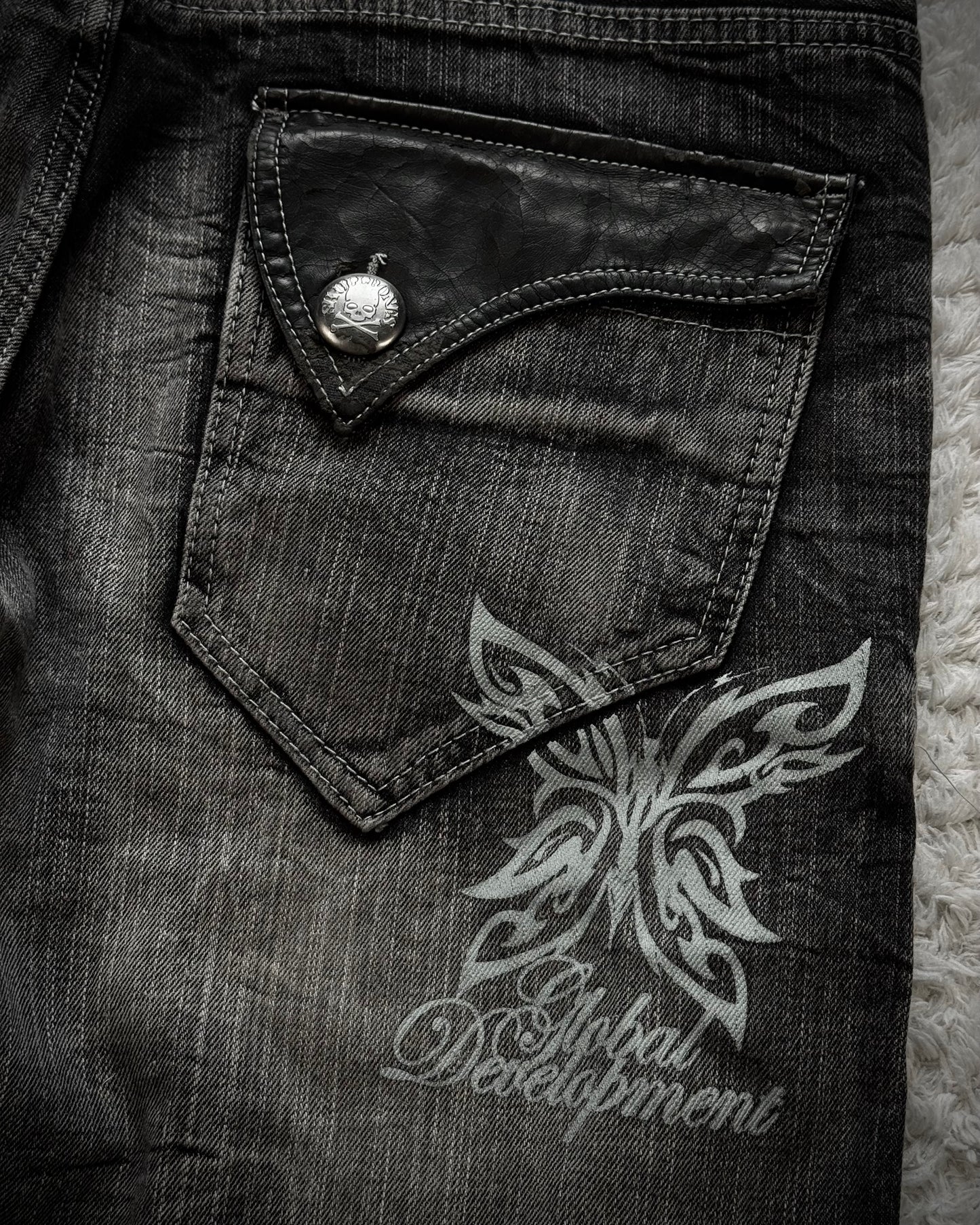 Wild Life Spider Web Leather Flap Denim Shorts