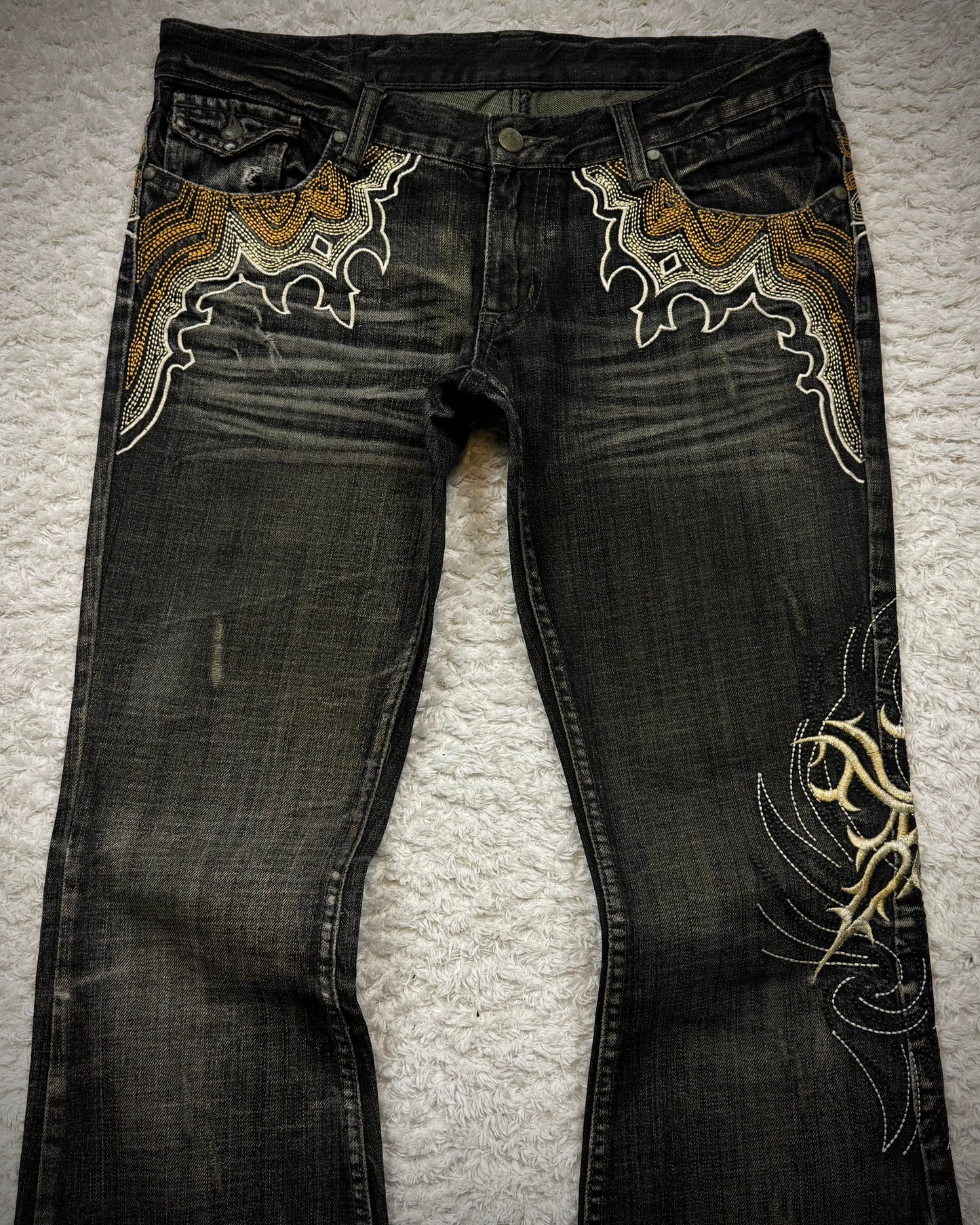 Tornado Mart Cyber Tribal Embroidery Flared Jeans