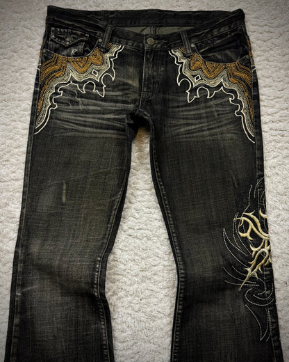 Tornado Mart Cyber Tribal Embroidery Flared Jeans
