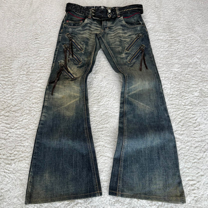 Tornado Mart Mud Wash Leather Tassel Zippers Flared Jeans