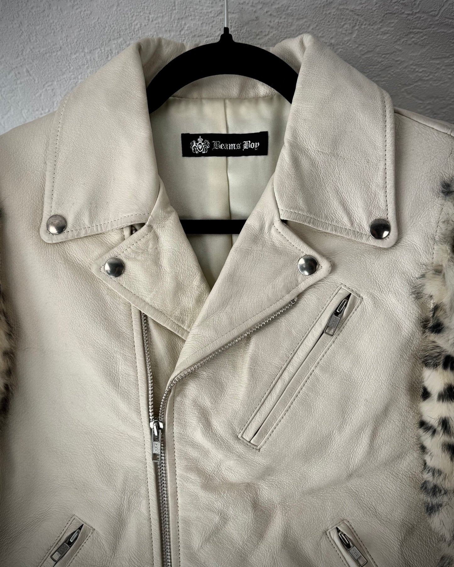 Beams Boy Leopard Dyed Rabbit Fur Sleeves Leather Jacket