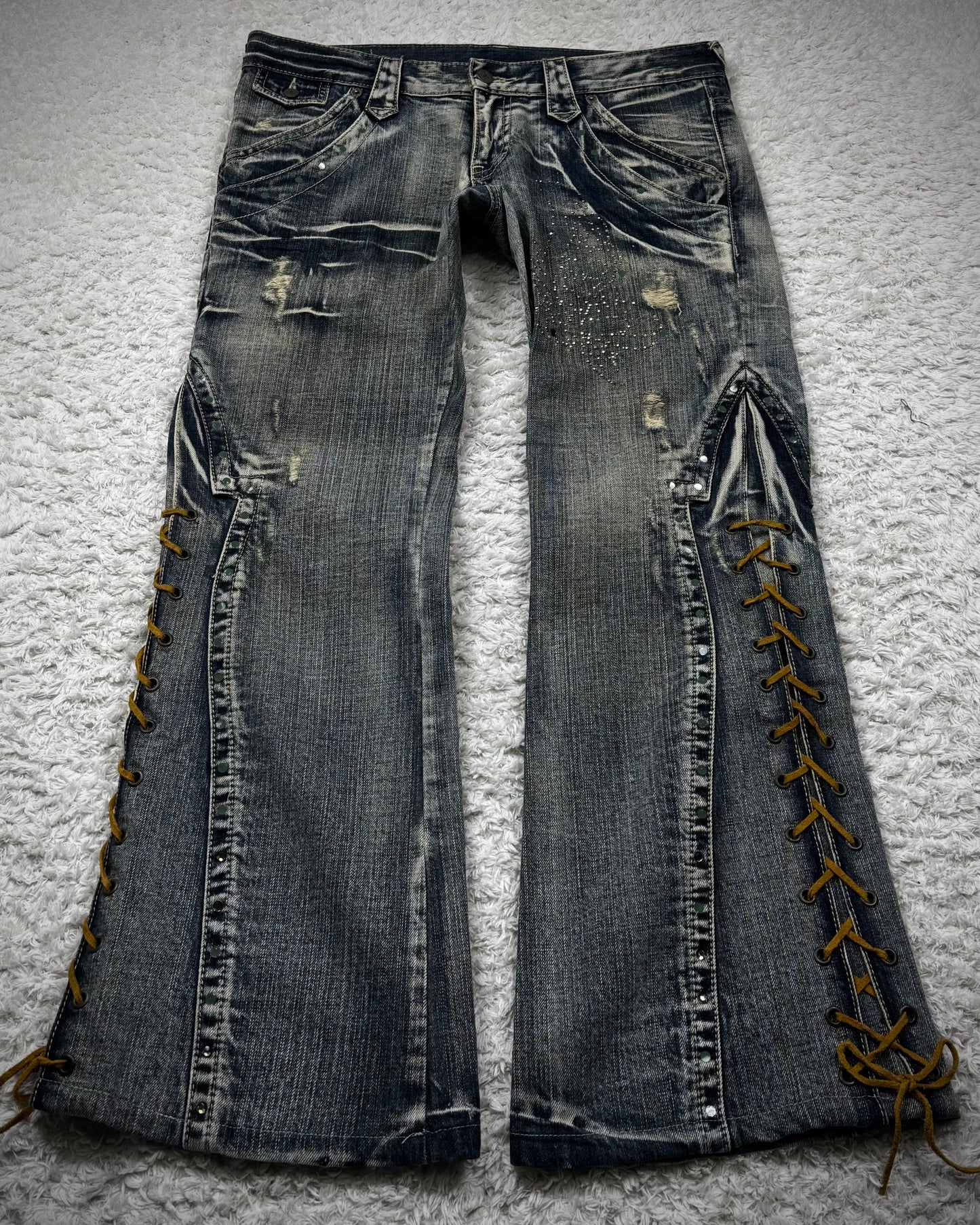Tornado Mart Crystal Decorated Lace Up Flared Jeans