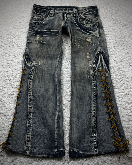 Tornado Mart Crystal Decorated Lace Up Flared Jeans