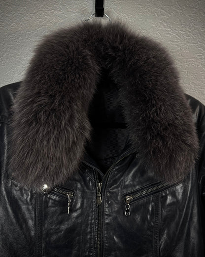 Tornado Mart Raccoon Fur Collar Cowhide Leather Jacket