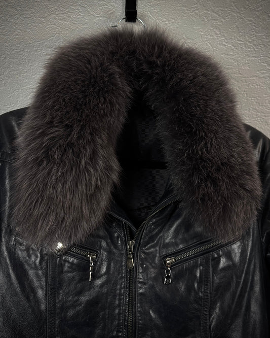 Tornado Mart Raccoon Fur Collar Cowhide Leather Jacket