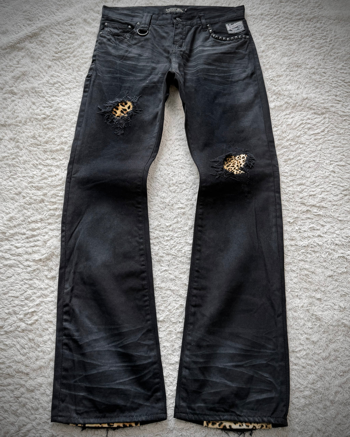 CavariA Leopard Repaired Clawmarks Flared Jeans
