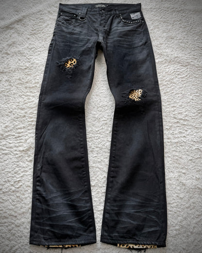CavariA Leopard Repaired Clawmarks Flared Jeans