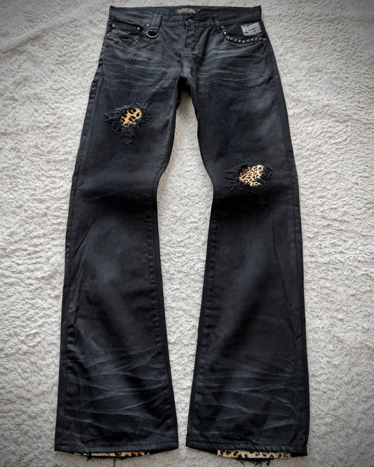 CavariA Leopard Repaired Clawmarks Flared Jeans