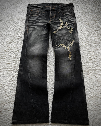 Tornado Mart Tribal Embroidery Whiskered Spiral Flared Jeans