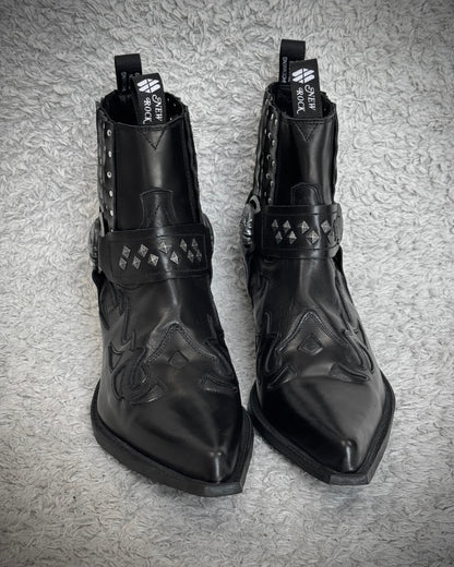 New Rock Studded Steel Heel Harness Leather Boots