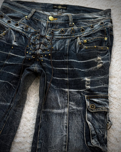 Lowbox Double Waisted Lace Up Clawmarks Flared Jeans