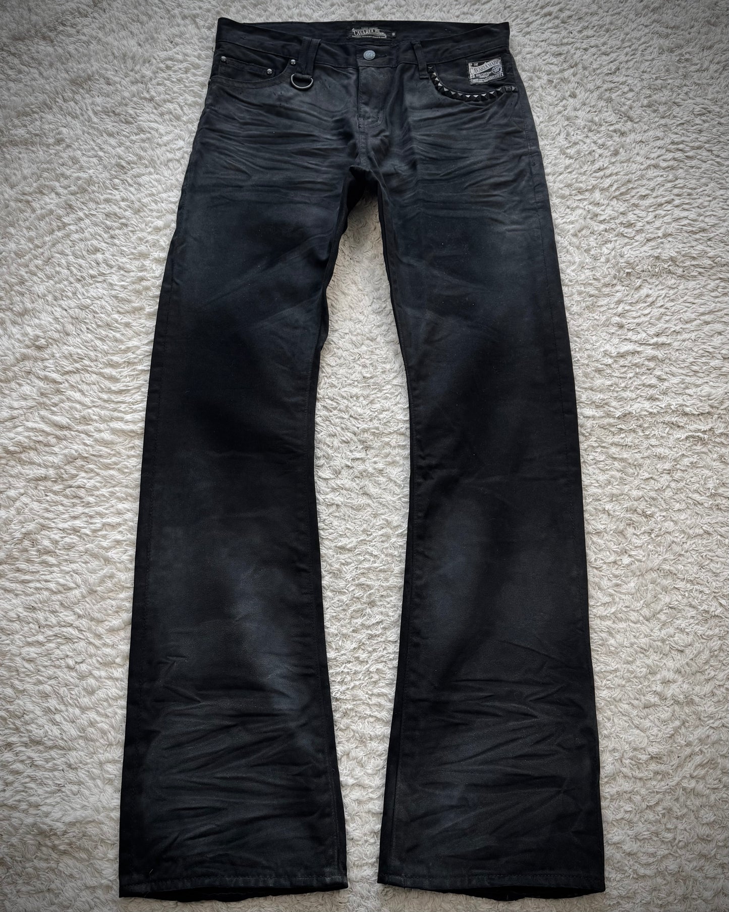 CavariA Studded Whisker Washed Flared Jeans