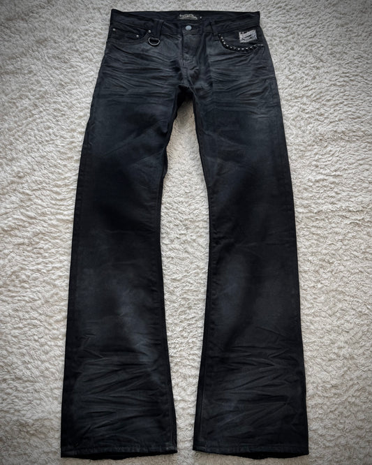 CavariA Studded Whisker Washed Flared Jeans