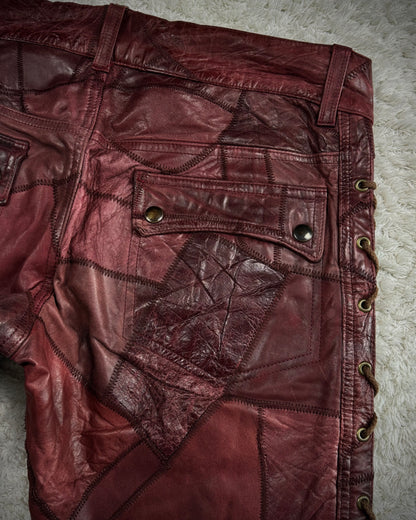 Tornado Mart Oxblood Scar Stitched Leather Patchwork Lace Up Flared Pants