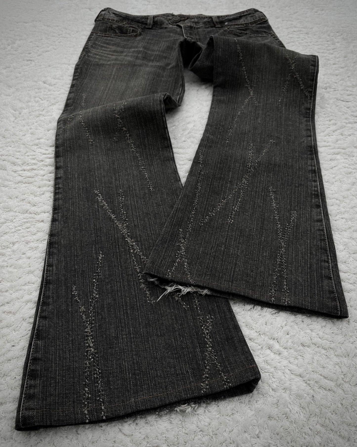 Obelisk Studded Distressed Design Flared Jeans