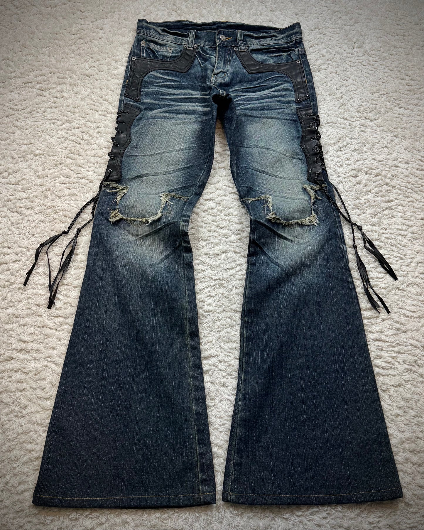 Tornado Mart Leather Lace Up Flared Jeans