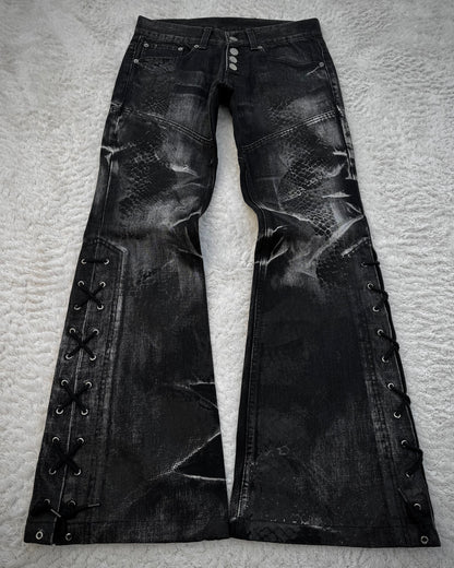 Tornado Mart Snakeskin Imprinted Lace Up Flared Jeans