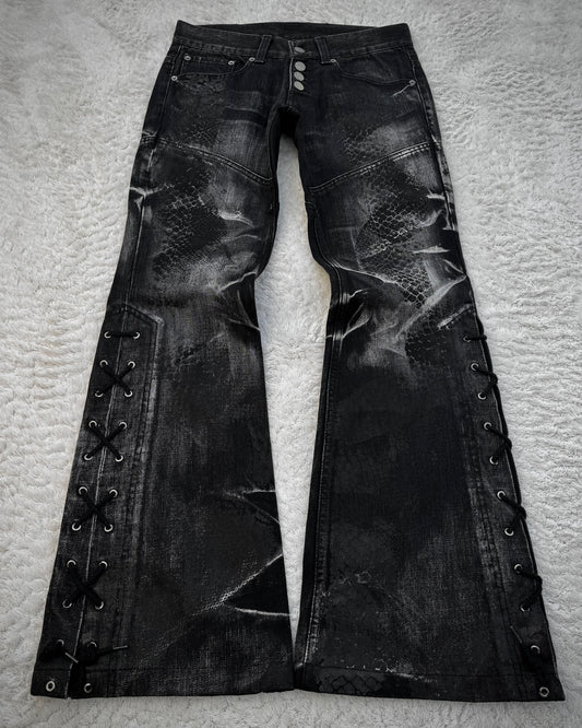 Tornado Mart Snakeskin Imprinted Lace Up Flared Jeans