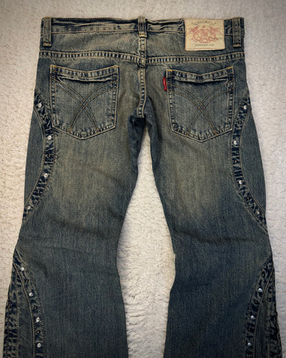 Tornado Mart Studded Mud Washed Zipper Flared Jeans