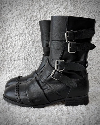 Scar Stitched Belted Wrinkled Leather Boots