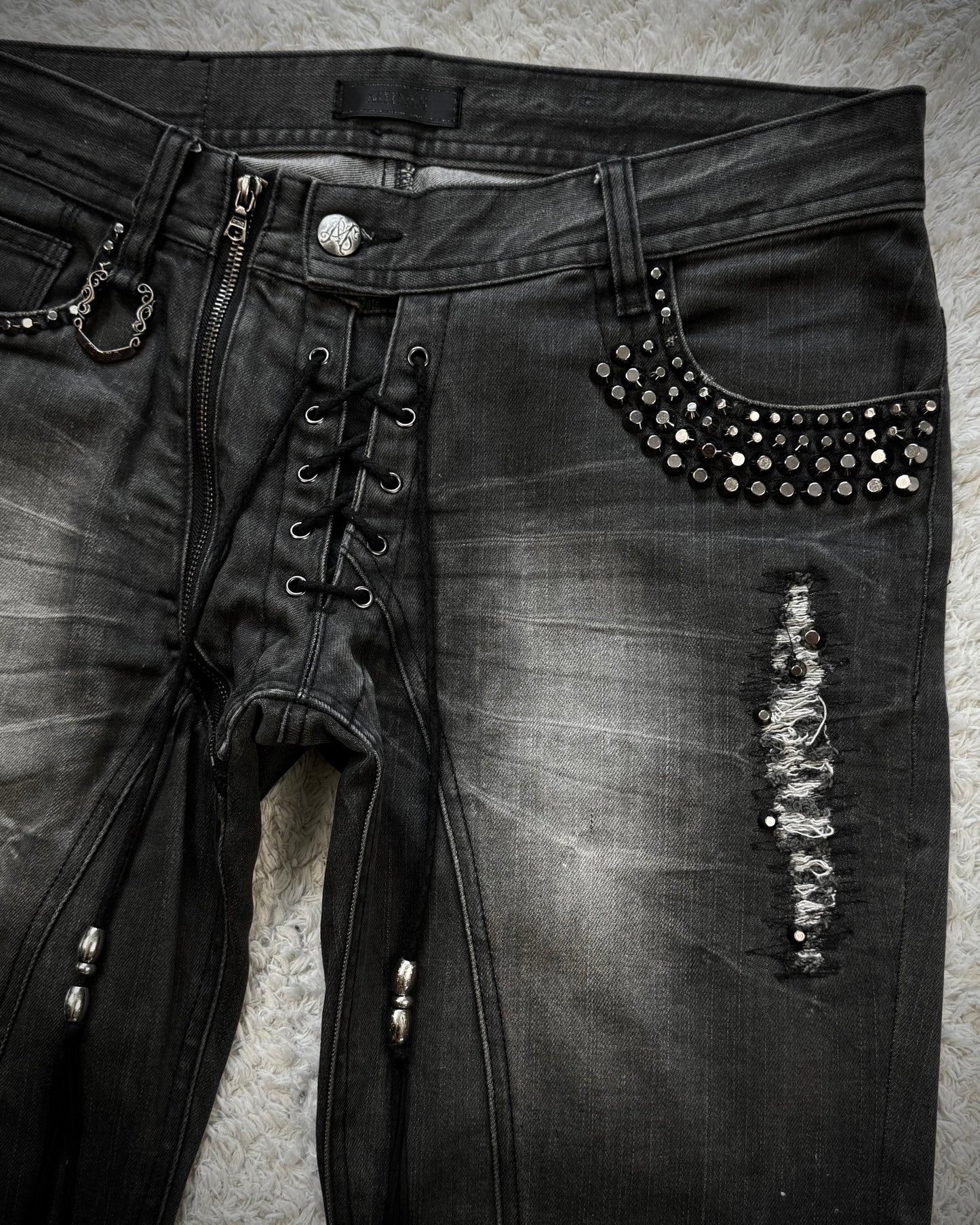 Midas Lace Up Studded Distressing Flared Jeans