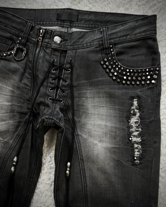 Midas Lace Up Studded Distressing Flared Jeans