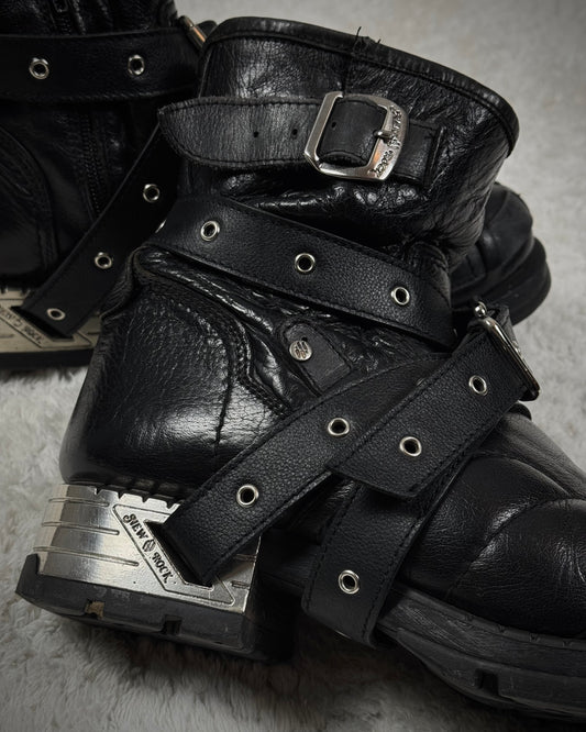 New Rock Belted Steel Heel Leather Boots